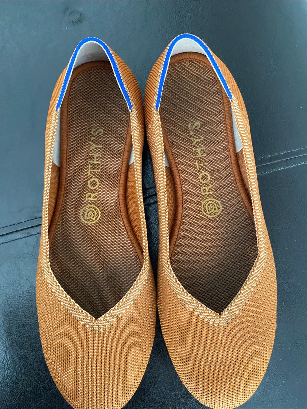 Rothy's Caramel Knit Flats with Blue Trim - Picture 3 of 10